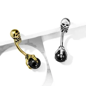 Jeklen piercing za popek starinskega izgleda – lobanja, črna kroglica v krepljih - Barva: Srebrna