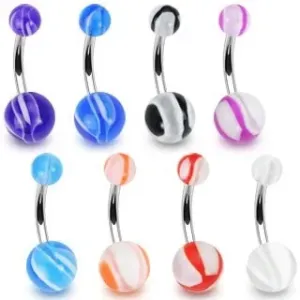 Piercing za popek - beli kroglici z barvnimi linijami - Barva piercinga: Modra
