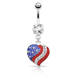 Piercing za popek iz jekla 316 L, cirkonsko srce z motivom ameriške zastave