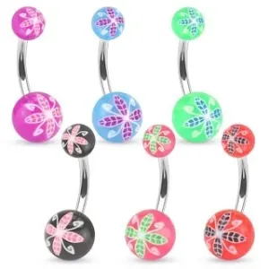 Piercing za popek iz jekla, barvni akrilni kroglici, cvetlični motiv - Barva piercinga: Ametist