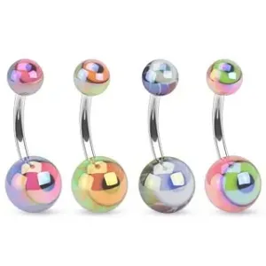 Piercing za popek iz jekla, barvni kroglici s kovinskim leskom, oko - Barva piercinga: Rožnata