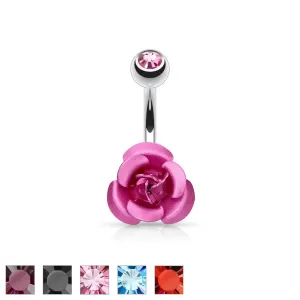 Piercing za popek iz jekla - vrtnica v različnih barvah, okrogel cirkon - Barva: Rožnata