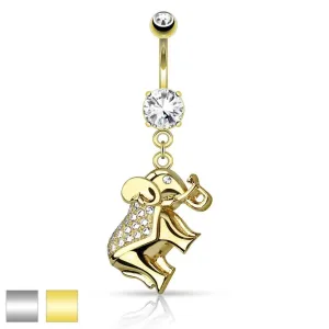 Piercing za popek iz kirurškega jekla, svetleč slon s cirkoni - Barva piercinga: Zlata