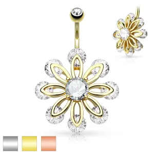 Piercing za popek iz kirurškega jekla, velik cvet z majhnimi cirkoni - Barva piercinga: Zlata