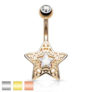 Piercing za popek iz nerjavečega jekla – izrezana zvezda z lesketavim cirkonom na sredini - Barva piercinga: Srebrna