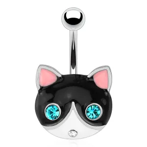 Piercing za popek iz nerjavečega jekla – mačka z izrazitimi modrimi očmi in črno-belo glavo