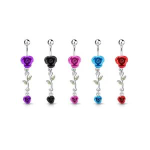 Viseči piercing za popek iz jekla - barvne metalne vrtnice, cvetni listi s cirkoni, rodinirano - Barva: Črna