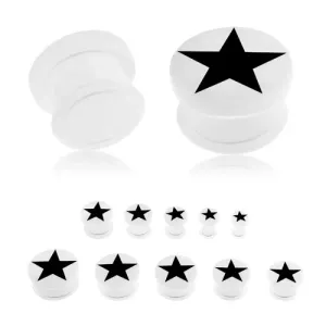 Akrilen vstavek za uho bele barve, črna peterokraka zvezda, prosojna gumica - Širina: 14 mm