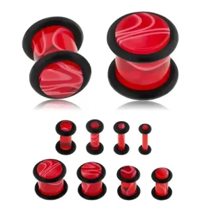 Akrilen vstavek za uho, rdeče barve, marmornat vzorec, črna gumijasta obročka - Širina: 10 mm