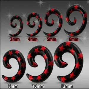 Črn razširjevalnik za uho - spirala z rdečimi zvezdami - Širina: 8 mm