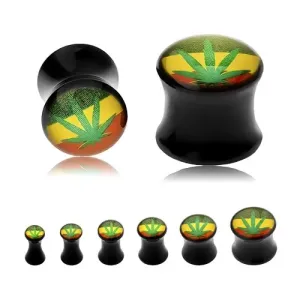 Črn sedlast vstavek za uho, zelen list marihuane na tribarvnem rastafarianskem ozadju - Širina: 3 mm