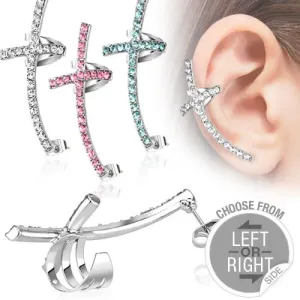 Imitacija piercinga za uho – barven križ s cirkoni - Oblika piercinga: Desno uho, Barva cirkona: Rožnata - P