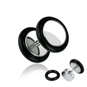 Imitacija vstavka za uho iz nerjavečega jekla - sijoč krog, črna gumijasta obročka, 8 mm - Širina piercinga: 1 mm