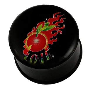 Piercing za uho - jabolko v plamenih, napis LOVE - Širina piercinga: 15,5 mm