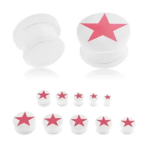 Vstavek za uho, akrilen, bele barve, rožnata peterokraka zvezda, prosojna gumica - Širina: 10 mm