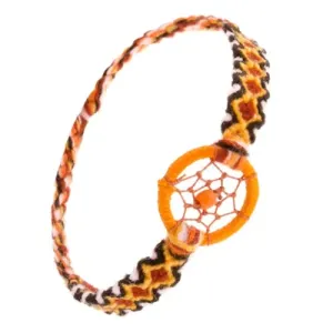 Oranžna zapestnica iz volne, kvadratast vzorec, krog s perlico