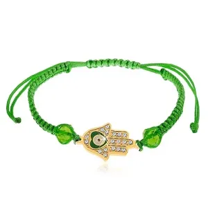 Zelena zapestnica iz vrvic, roka Fatime, prozorni cirkoni, kroglice