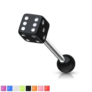 Jeklen piercing za jezik - igralna kocka z belimi pikami - Barva cirkona: Črna - K