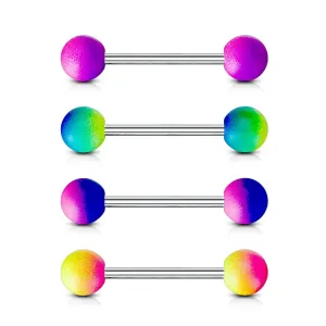 Piercing za jezik iz jekla 316L - palica z dvobarvnimi gumiranimi kroglicami - Barva piercinga: Modra - rožnata