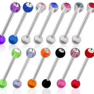Prečka za jezik - UV-kroglica s kamenčkom - Barva piercinga: Črna, Barva cirkona: Prozorna - C