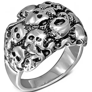 Bleščeč srebrn jeklen prstan - gruča lobanj - Velikost: 68