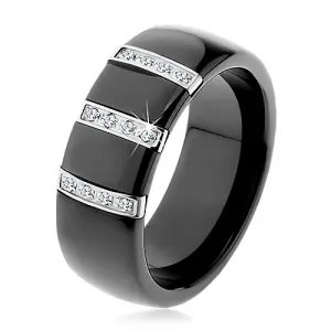 Črn keramični prstan z gladko površino, tri jeklene linije s cirkoni - Velikost: 62