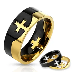 Črno-zlat dvodelen prstan iz nerjavečega jekla, križ - Velikost: 65