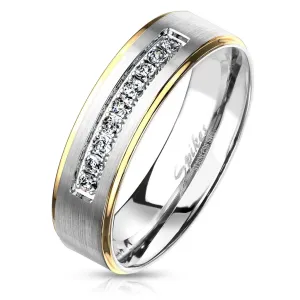 Dvobarven jeklen prstan, srebrne in zlate barve, prozorni cirkoni, 6 mm - Velikost: 49