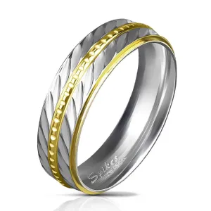 Dvobarven poročni prstan iz jekla 316 L, dva ozka pasova s poševnimi zarezami, 6 mm - Velikost: 52