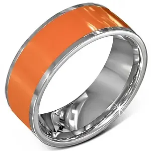 Gladek jeklen poročni prstan, oranžna barva s srebrnim robom - Velikost: 56