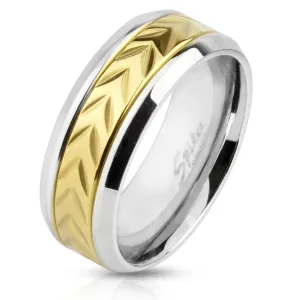 Jeklen poročni prstan - linija z zarezami v zlati barvi, srebrni, ozki liniji ob straneh, 8 mm - Velikost: 68