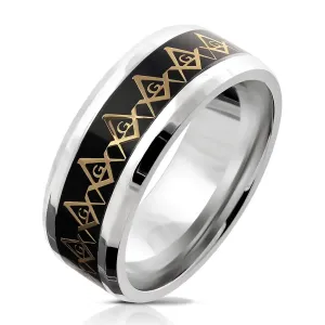 Jeklen poročni prstan – prostozidarski simbol v zlati barvi, prosojna glazura, 8 mm - Velikost: 59