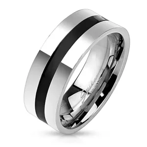 Jeklen poročni prstan sreberne barve - črta iz črne glazure, 8 mm - Velikost: 70