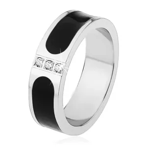 Jeklen poročni prstan, srebrna barva, črn glaziran pas, trije prozorni cirkoni - Velikost: 53
