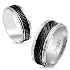 Jeklen poročni prstan srebrne barve, črn pas z diagonalnimi zarezami, izboklinice, 8 mm - Velikost: 59