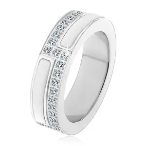 Jeklen poročni prstan srebrne barve, linije iz bele keramike in prozornih cirkonov - Velikost: 59