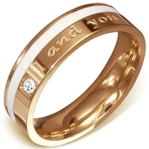 Jeklen poročni prstan v bakrasti barvi - napis I and you, bela črta, kamenček - Velikost: 54
