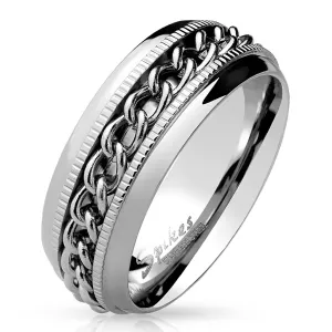 Jeklen poročni prstan v srebrni barvi - sijoči členi prepleteni medseboj, droben zareze, 8 mm - Velikost: 54