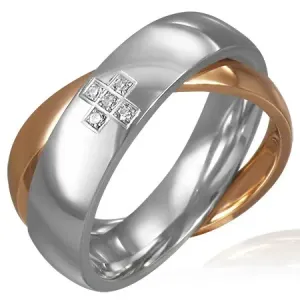 Jeklen prekrižan prstan - križ iz kamenčkov, srebrn in zlat - Velikost: 46