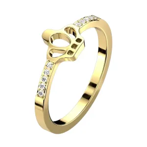 Jeklen prstan 316L v zlati barvi - krona, prozorni cirkoni, ozki kraki - Velikost: 52
