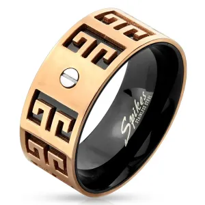 Jeklen prstan – bakreno-črna kombinacija, izrezljani simboli, majhen vijak, 9 mm - Velikost: 60
