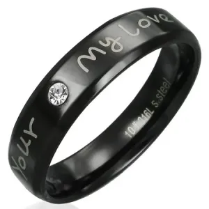 Jeklen prstan - črn z ljubezensko izjavo in prozornim kamenčkom - Velikost: 57