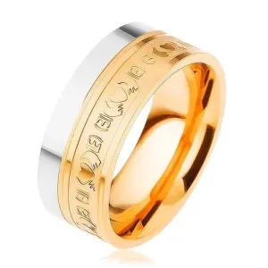 Jeklen prstan, dvobarven - srebrn in zlat odtenek, ornamenti, 8 mm - Velikost: 57