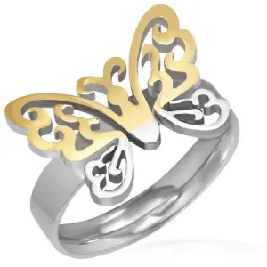 Jeklen prstan - izrezljan srebrno-zlat metulj - Velikost: 57