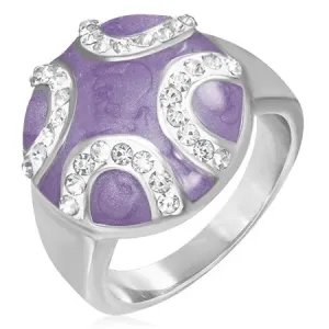 Jeklen prstan - kupolast krog vijoličaste barve, krajci iz kamenčkov - Velikost: 52