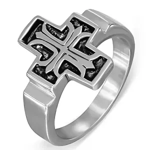 Jeklen prstan, lilija v patinastem latinskem križu - Velikost: 61