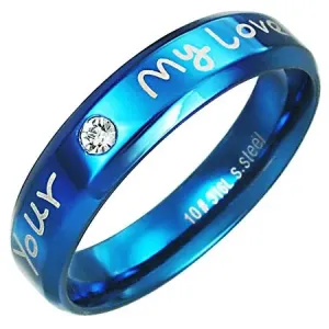 Jeklen prstan - modra barva, ljubezenski napis - Velikost: 54