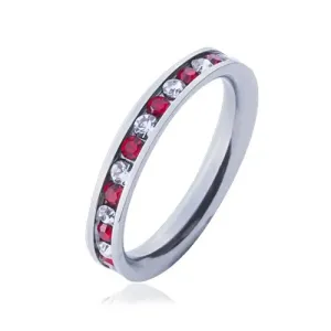 Jeklen prstan - poročni prstan, izmenjujoči se prozorni in rdeči cirkoni - Velikost: 54