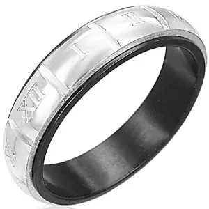 Jeklen prstan - rimske številke, srebrno-črne barve - Velikost: 57