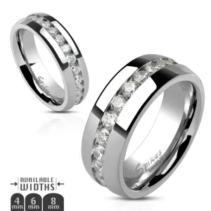 Jeklen prstan, srebrna barva, prozorna cirkonska linija po vsem obodu, 6 mm - Velikost: 62